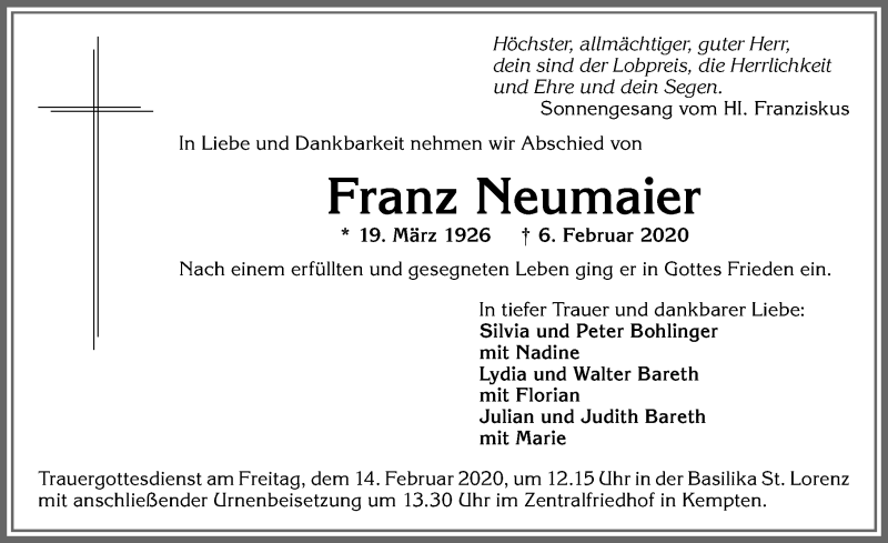 Traueranzeige von Franz Neumaier von Allgäuer Zeitung,Kempten