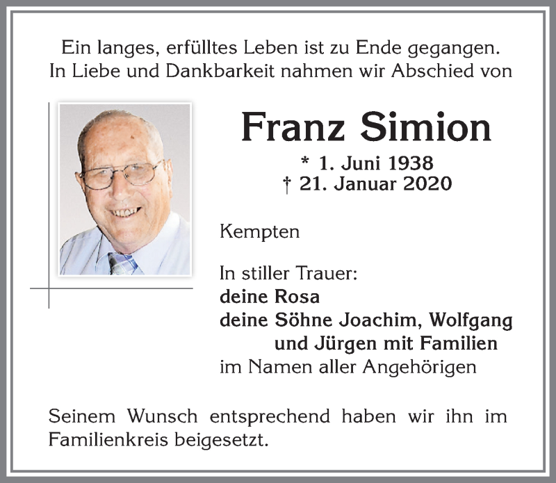 Traueranzeige von Franz Simion von Allgäuer Zeitung,Kempten