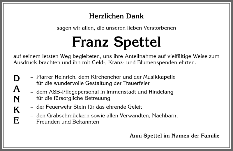 Traueranzeige von Franz Spettel von Allgäuer Anzeigeblatt