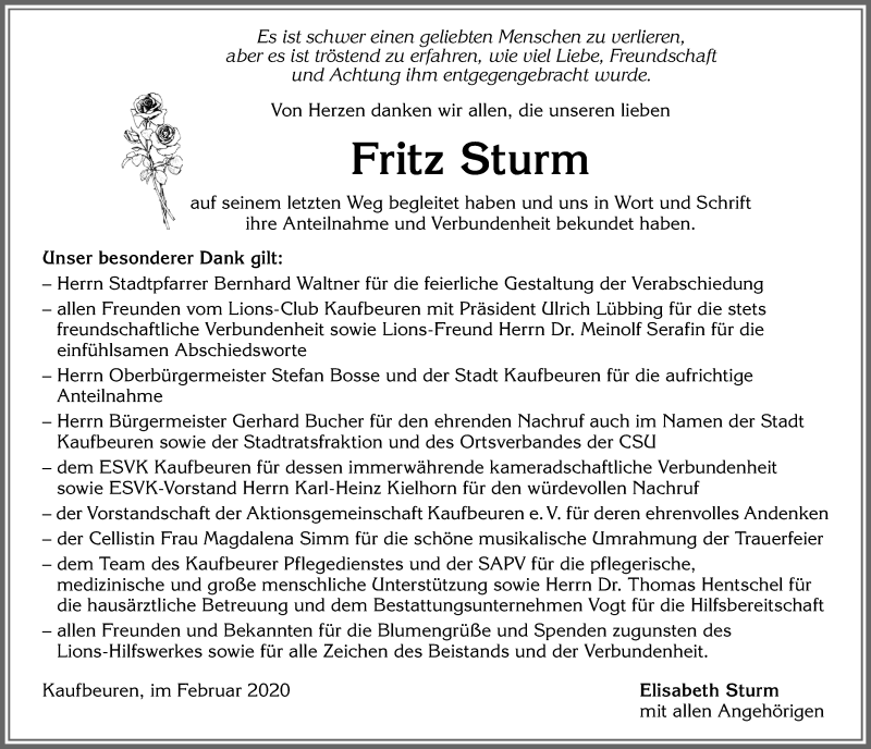 Traueranzeige von Fritz Sturm von Allgäuer Zeitung, Kaufbeuren/Buchloe