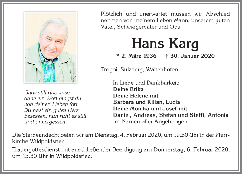 Traueranzeige von Hans Karg von Allgäuer Zeitung,Kempten