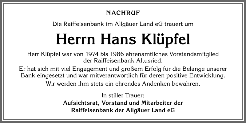Traueranzeige von Hans Klüpfel von Allgäuer Zeitung,Kempten
