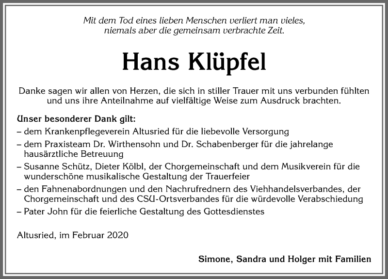 Traueranzeige von Hans Klüpfel von Allgäuer Zeitung,Kempten