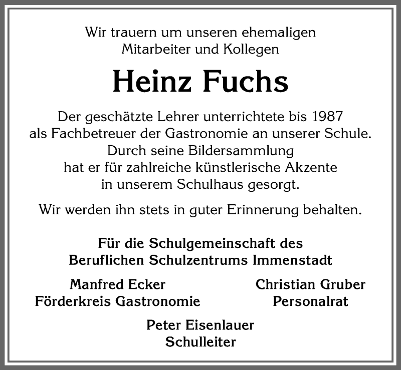 Traueranzeige von Heinz Fuchs von Allgäuer Anzeigeblatt