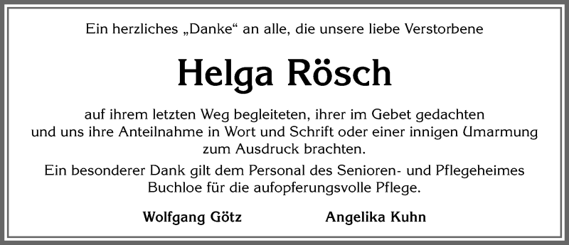 Traueranzeige von Helga Rösch von Allgäuer Zeitung, Kaufbeuren/Buchloe