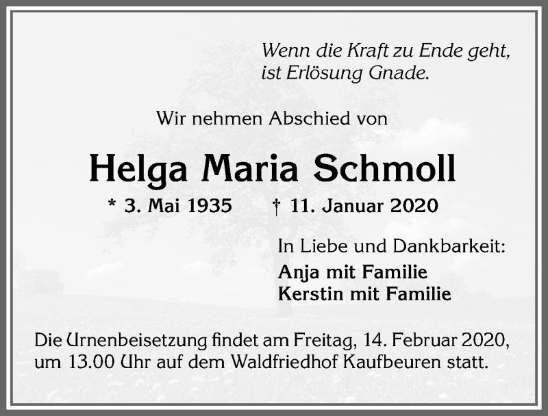Traueranzeige von Helga Maria Schmoll von Allgäuer Zeitung, Kaufbeuren/Buchloe