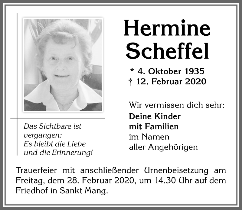 Traueranzeige von Hermine Scheffel von Allgäuer Zeitung,Kempten