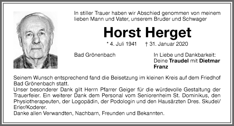 Traueranzeige von Horst Herget von Memminger Zeitung