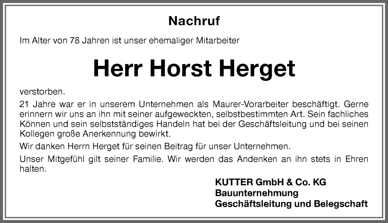 Traueranzeige von Horst Herget von Memminger Zeitung