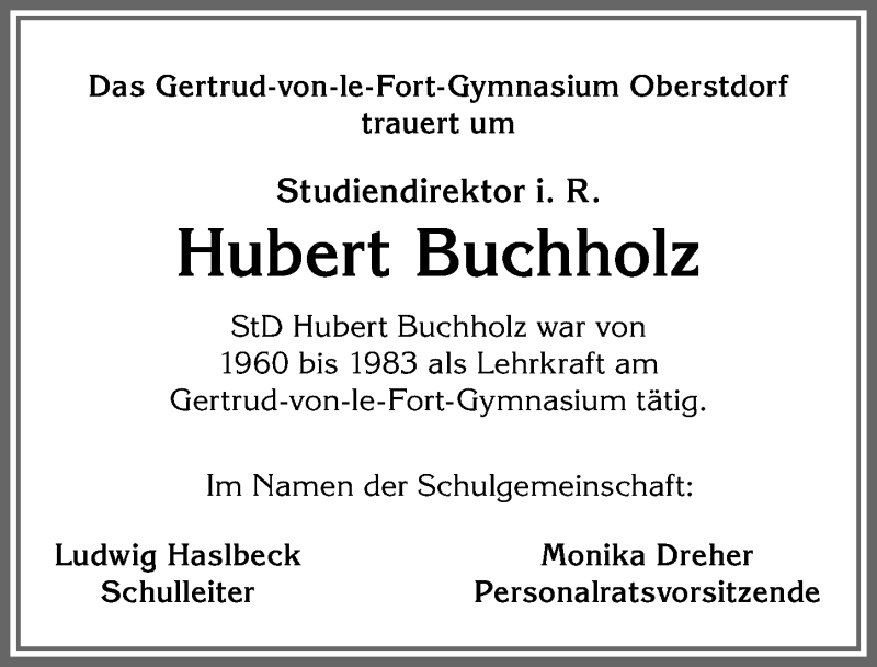 Traueranzeige von Hubert Buchholz von Allgäuer Anzeigeblatt
