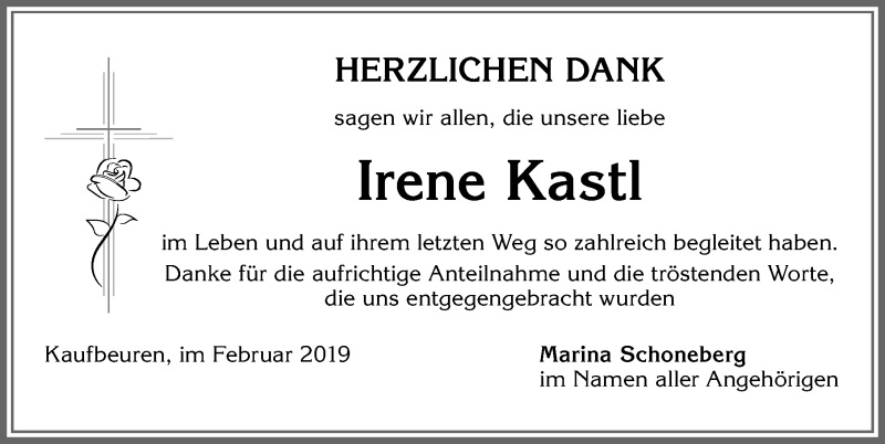 Traueranzeige von Irene Kastl von Allgäuer Zeitung, Kaufbeuren/Buchloe