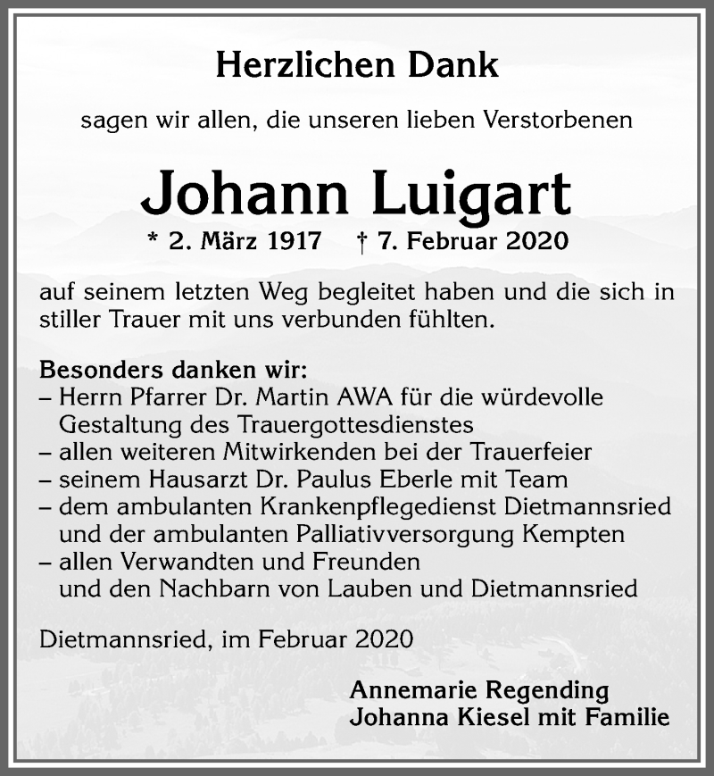 Traueranzeige von Johann Luigart von Allgäuer Zeitung,Kempten