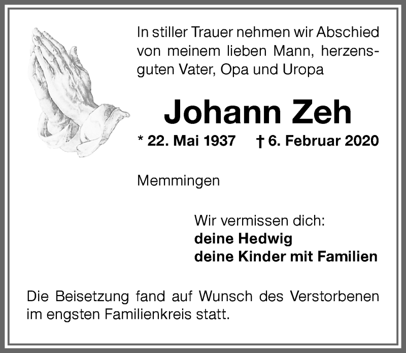 Traueranzeige von Johann Zeh von Memminger Zeitung
