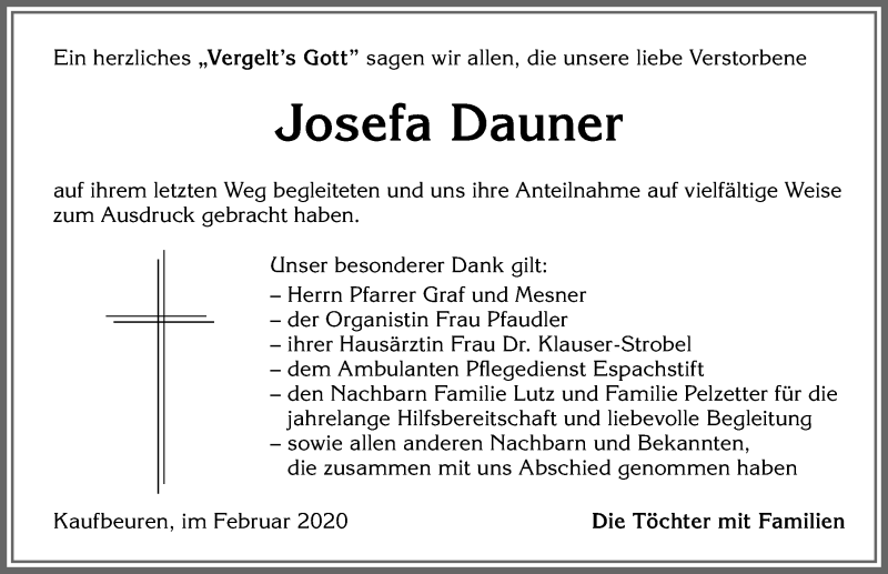 Traueranzeige von Josefa Dauner von Allgäuer Zeitung, Kaufbeuren/Buchloe