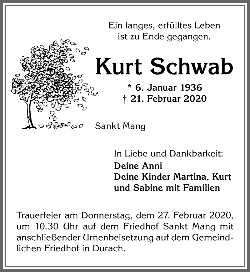 Traueranzeige von Kurt Schwab von Allgäuer Zeitung,Kempten