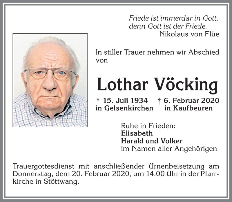 Traueranzeige von Lothar Vöcking von Allgäuer Zeitung, Kaufbeuren/Buchloe