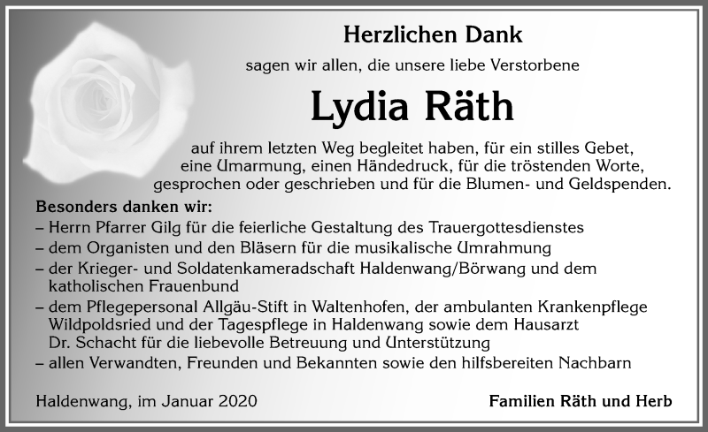 Traueranzeige von Lydia Räth von Allgäuer Zeitung,Kempten