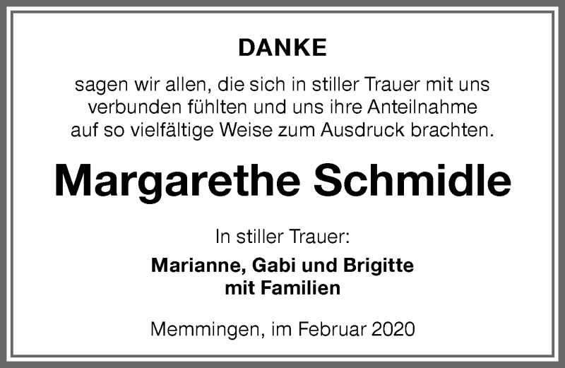 Traueranzeige von Margarethe Schmidle von Memminger Zeitung