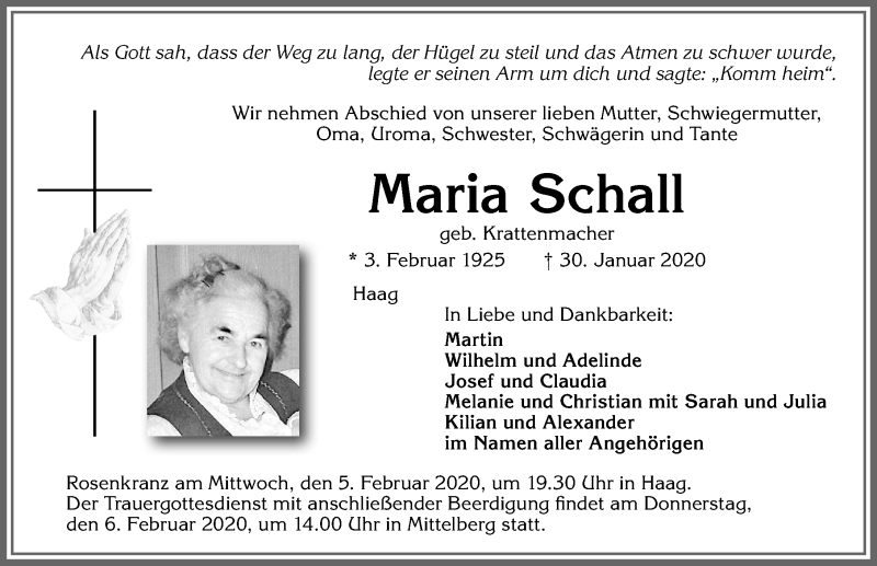 Traueranzeige von Maria Schall von Allgäuer Zeitung,Kempten