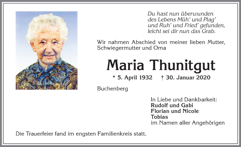 Traueranzeige von Maria Thunitgut von Allgäuer Zeitung,Kempten