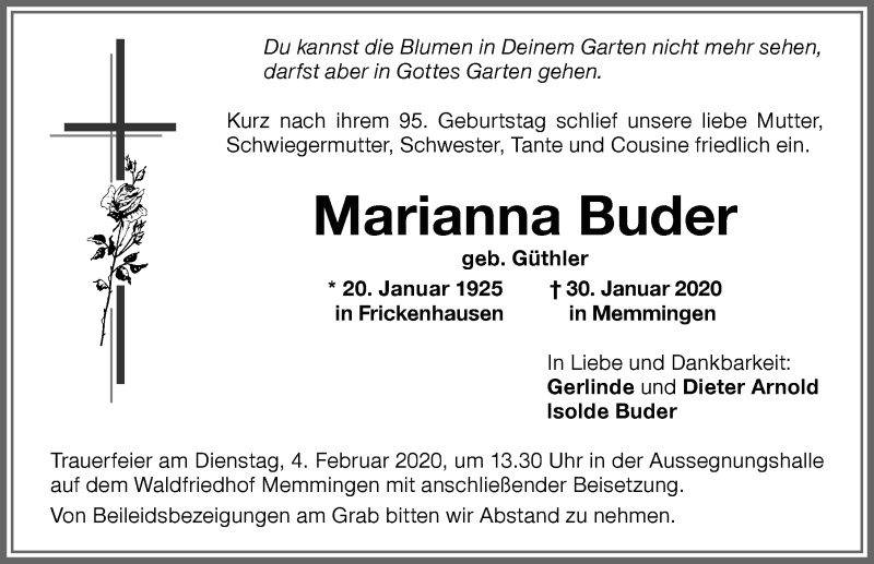 Traueranzeige von Marianna Buder von Memminger Zeitung