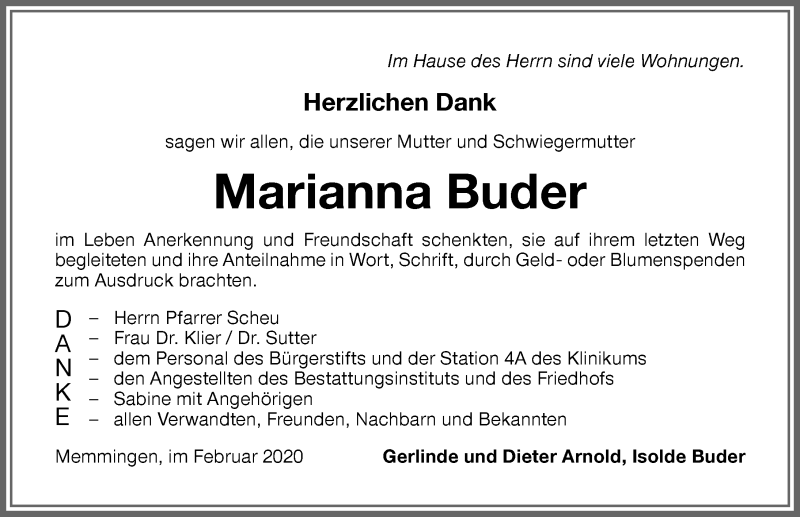 Traueranzeige von Marianna Buder von Memminger Zeitung