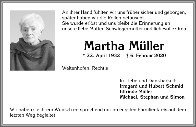 Traueranzeige von Martha Müller von Allgäuer Zeitung,Kempten
