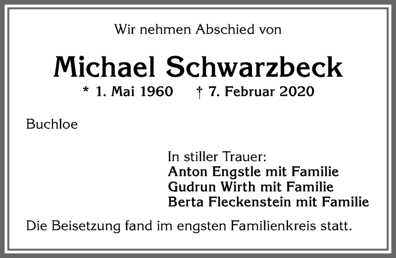 Traueranzeige von Michael Schwarzbeck von Allgäuer Zeitung, Kaufbeuren/Buchloe
