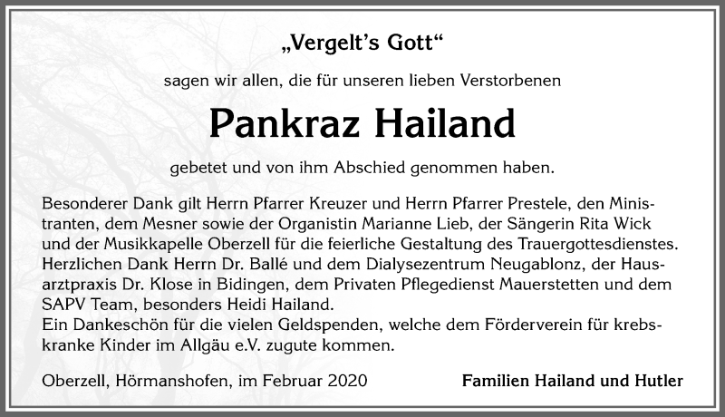 Traueranzeige von Pankraz Hailand von Allgäuer Zeitung, Kaufbeuren/Buchloe