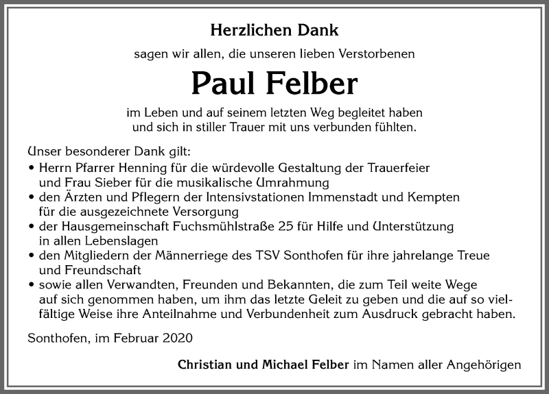 Traueranzeige von Paul Felber von Allgäuer Anzeigeblatt
