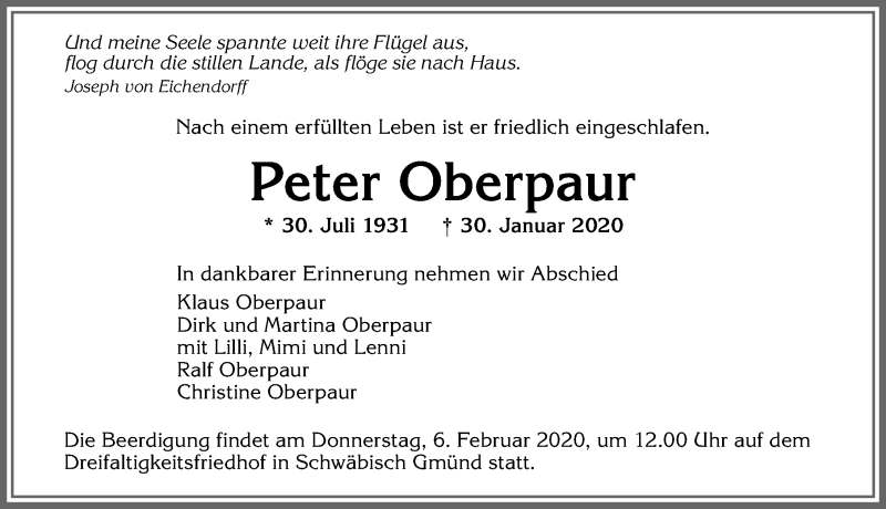 Traueranzeige von Peter Oberpaur von Allgäuer Zeitung,Kempten