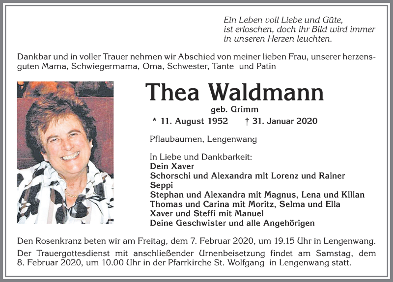 Traueranzeige von Thea Waldmann von Allgäuer Zeitung, Marktoberdorf