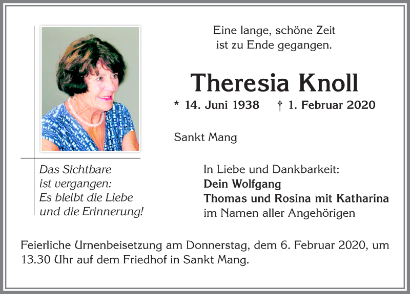 Traueranzeige von Theresia Knoll von Allgäuer Zeitung,Kempten