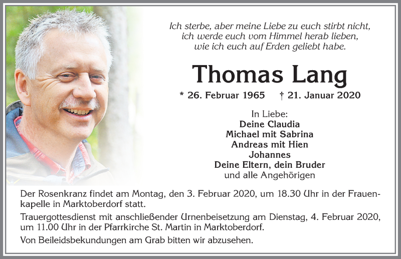 Traueranzeige von Thomas Lang von Allgäuer Zeitung, Marktoberdorf
