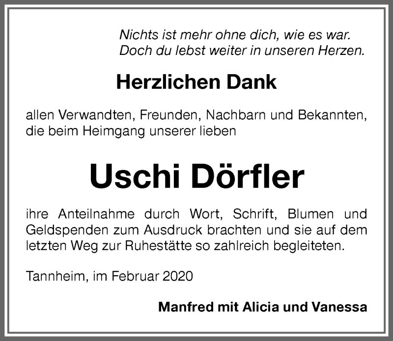 Traueranzeige von Uschi Dörfler von Memminger Zeitung