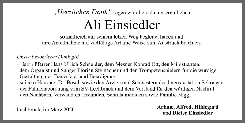 Traueranzeige von Ali Einsiedler von Allgäuer Zeitung, Füssen