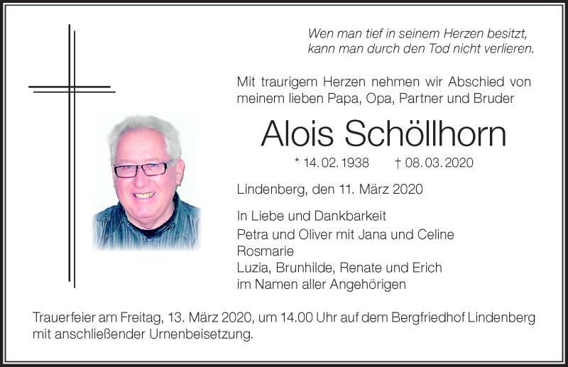 Traueranzeige von Alois Schöllhorn von Der Westallgäuer