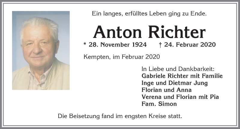 Traueranzeige von Anton Richter von Allgäuer Zeitung,Kempten