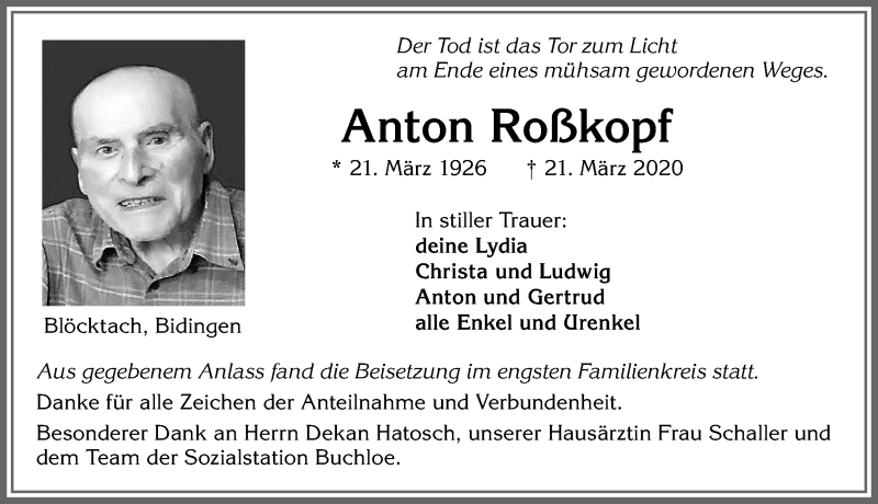 Traueranzeige von Anton Roßkopf von Allgäuer Zeitung