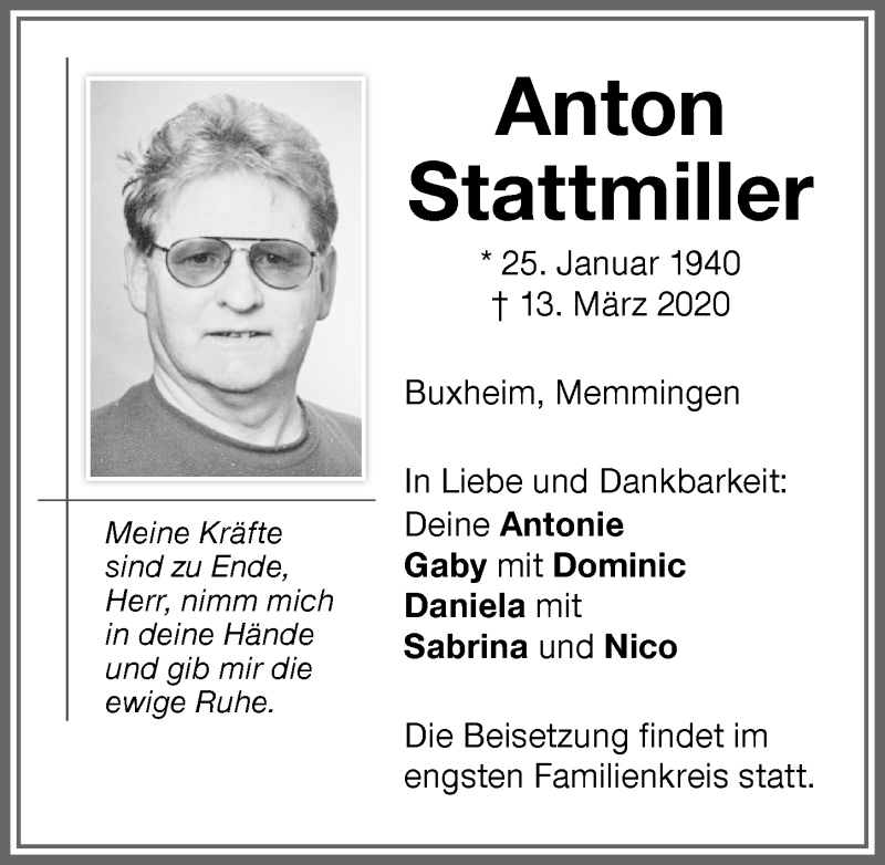 Traueranzeige von Anton Stattmiller von Memminger Zeitung