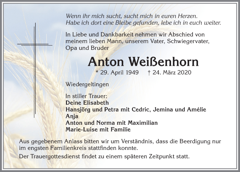 Traueranzeige von Anton Weißenhorn von Allgäuer Zeitung