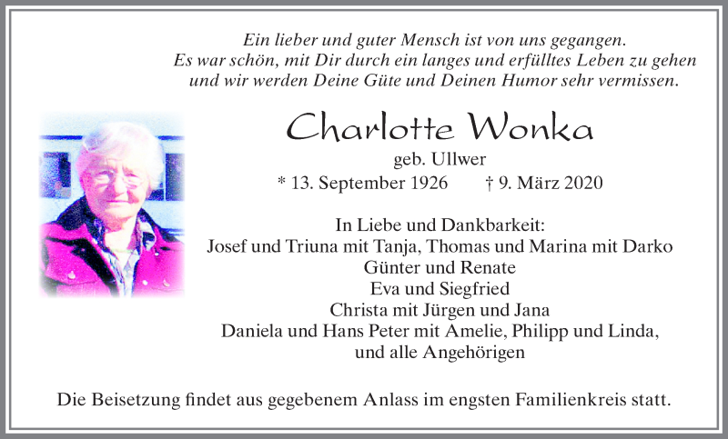 Traueranzeige von Charlotte Wonka von Allgäuer Zeitung, Marktoberdorf