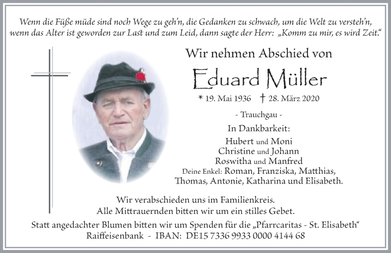 Traueranzeige von Eduard Müller von Allgäuer Zeitung, Füssen