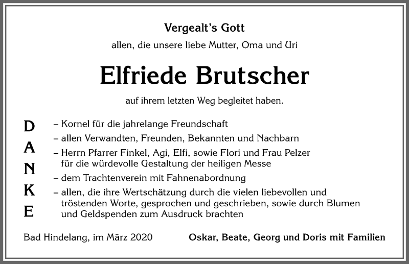 Traueranzeige von Elfriede Brutscher von Allgäuer Anzeigeblatt