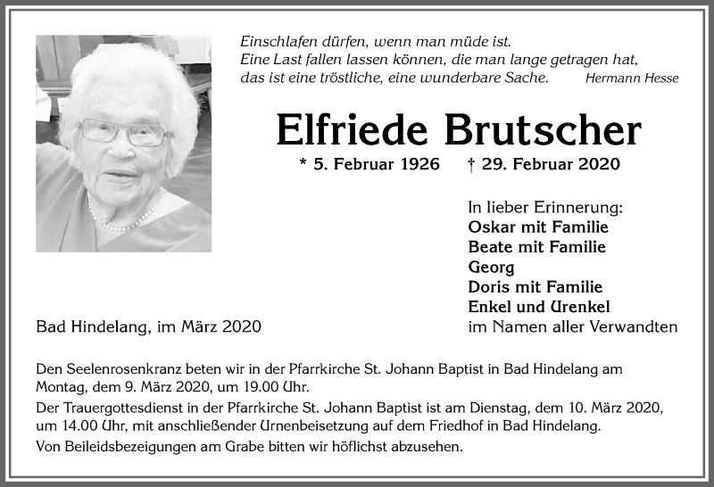 Traueranzeige von Elfriede Brutscher von Allgäuer Anzeigeblatt