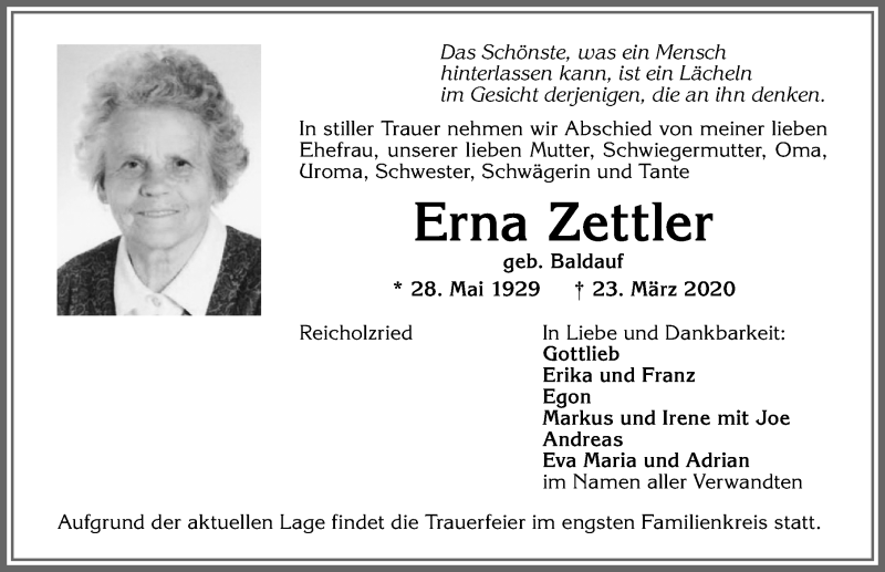 Traueranzeige von Erna Zettler von Allgäuer Zeitung,Kempten