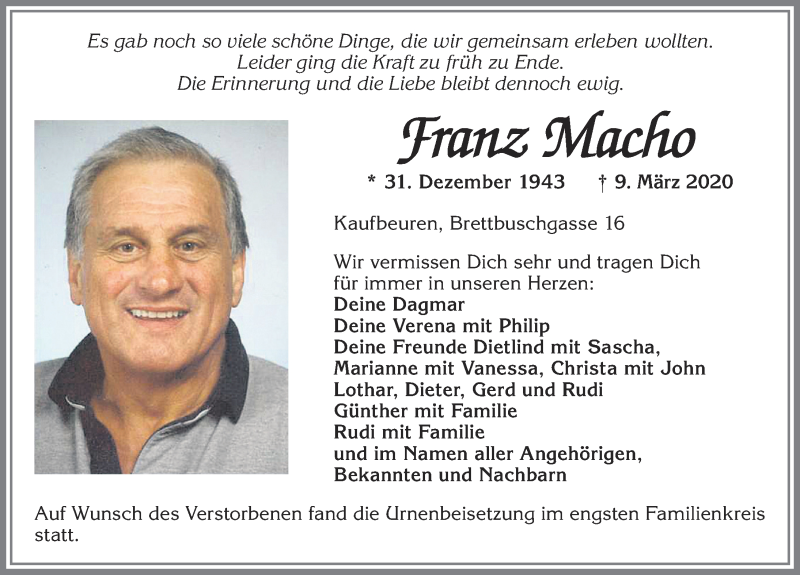 Traueranzeige von Franz Macho von Allgäuer Zeitung, Kaufbeuren/Buchloe