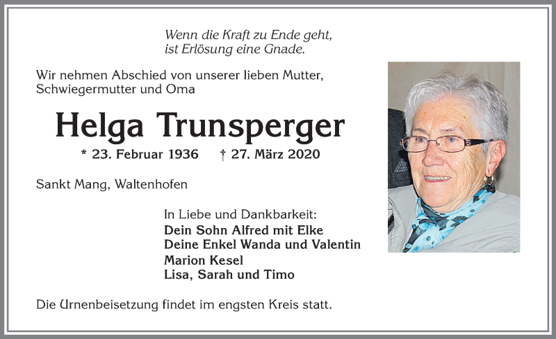 Traueranzeige von Helga Trunsperger von Allgäuer Zeitung,Kempten