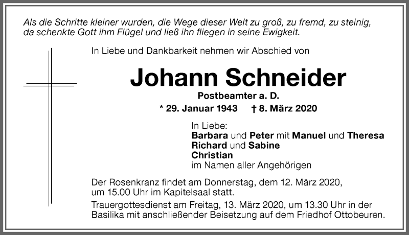 Traueranzeige von Johann Schneider von Memminger Zeitung