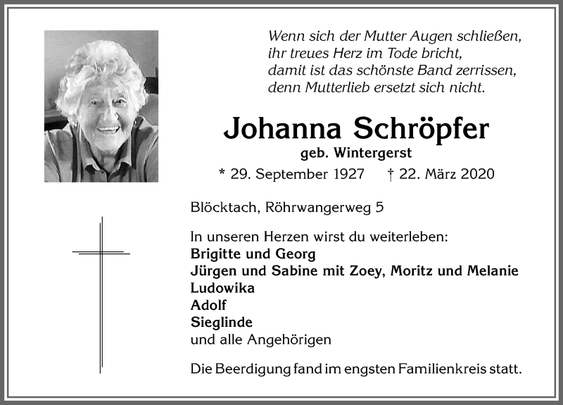 Traueranzeige von Johanna Schröpfer von Allgäuer Zeitung, Kaufbeuren/Buchloe